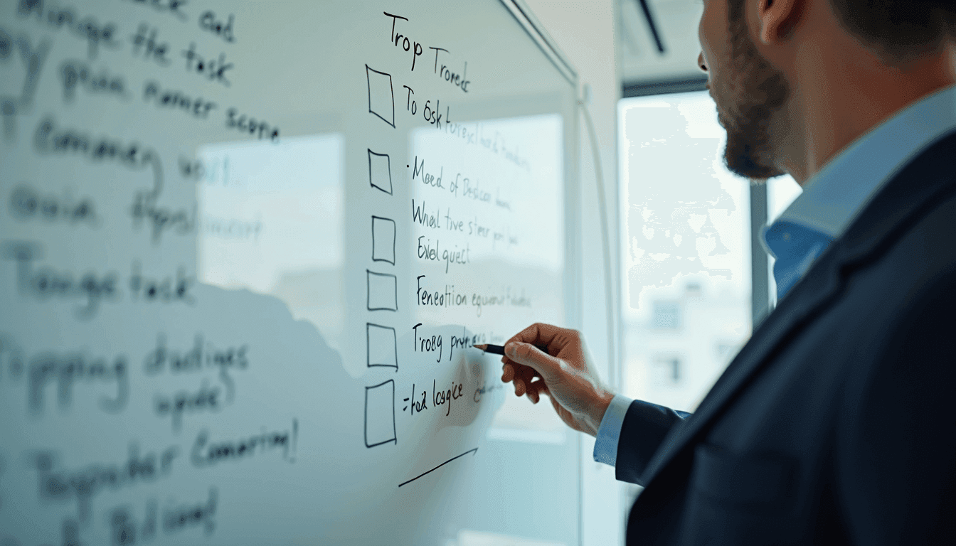 Eye-level view of a leader reviewing a prioritized task list on a whiteboard