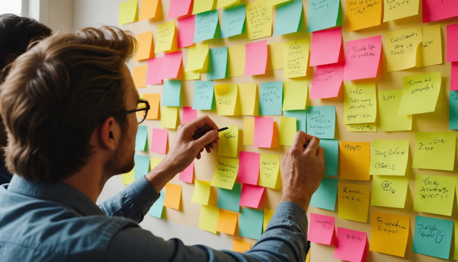 Eye-level view of a brainstorming session with sticky notes