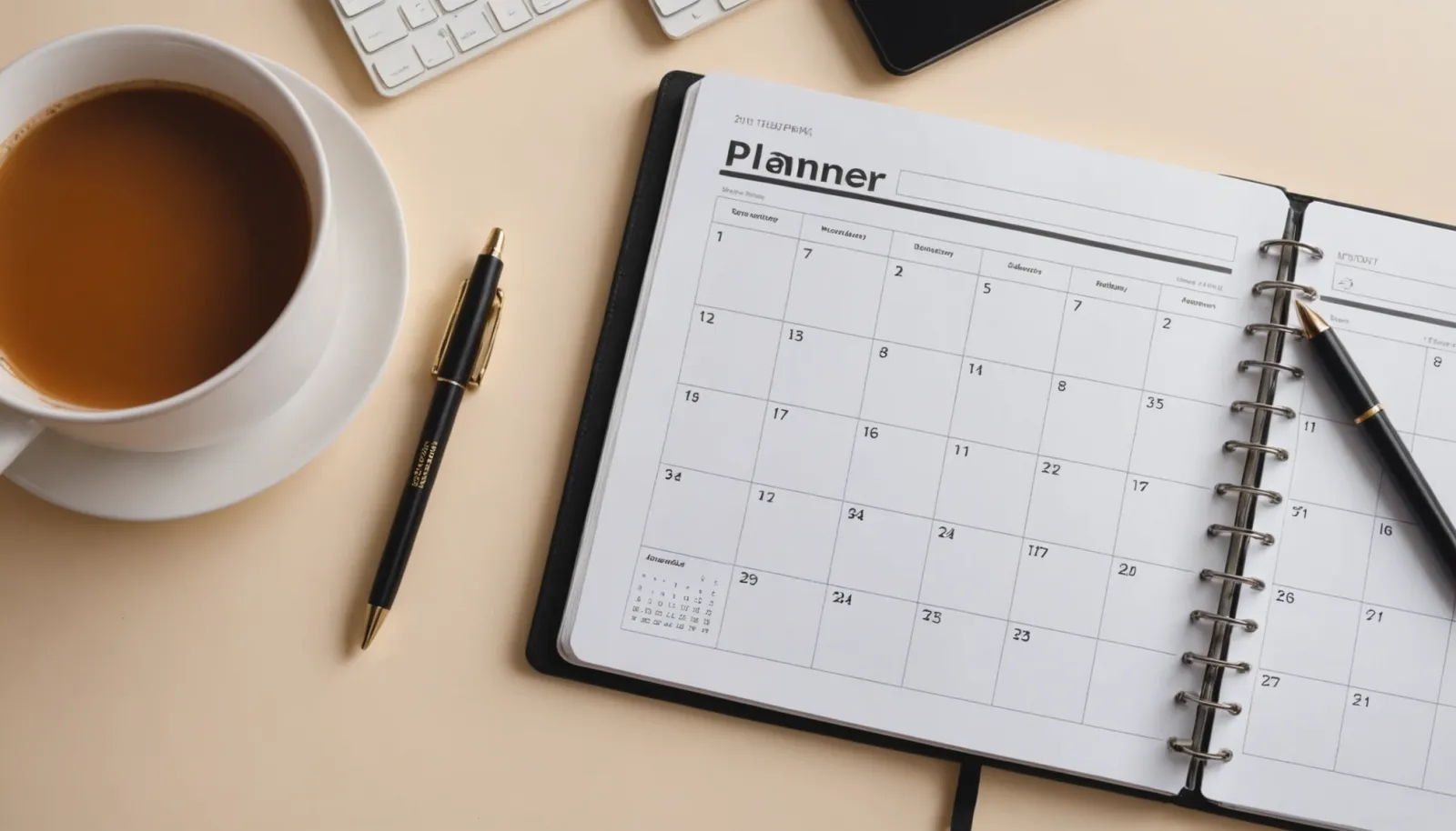 High angle view of a planner with notes and a calendar