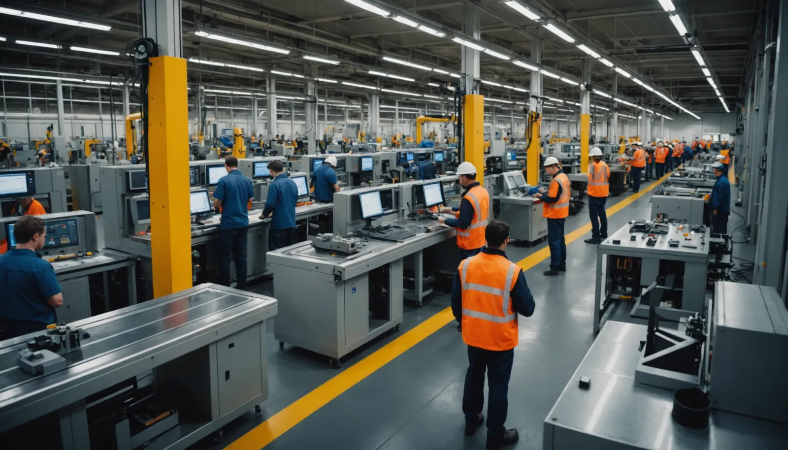Eye-level view of a busy manufacturing floor with workers focused on production