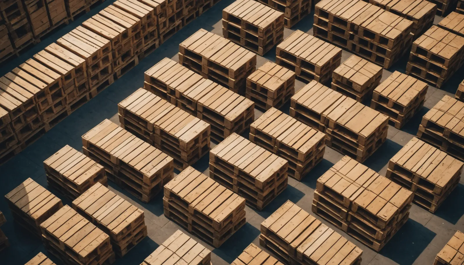 High angle view of a warehouse filled with stacked pallets of raw materials