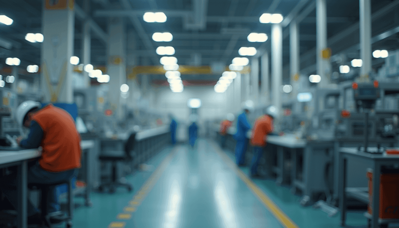 Eye-level view of a well-organized manufacturing floor with safety signage