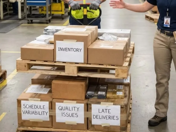 Pallet of excess inventory stacked on a cluttered shop floor