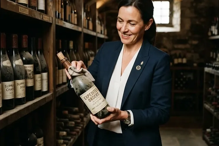 Aged wine bottle labeled 'expedited orders' illustrating that problems do not age well